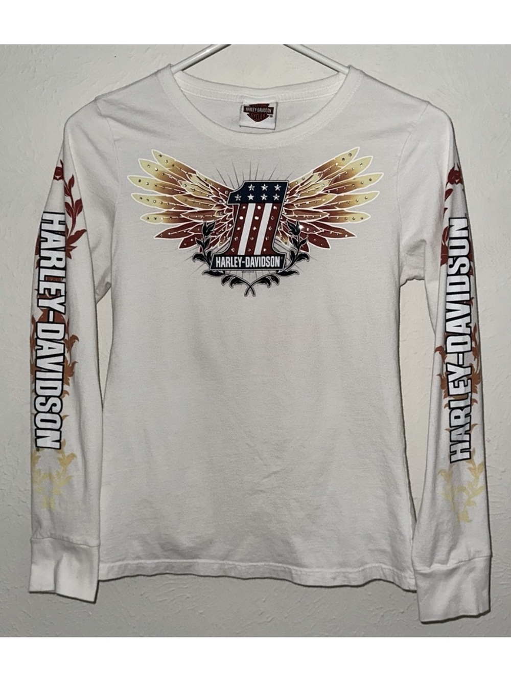 Harley Davidson white long sleeve rhinestone Ghost Town Waynesville NC wings M